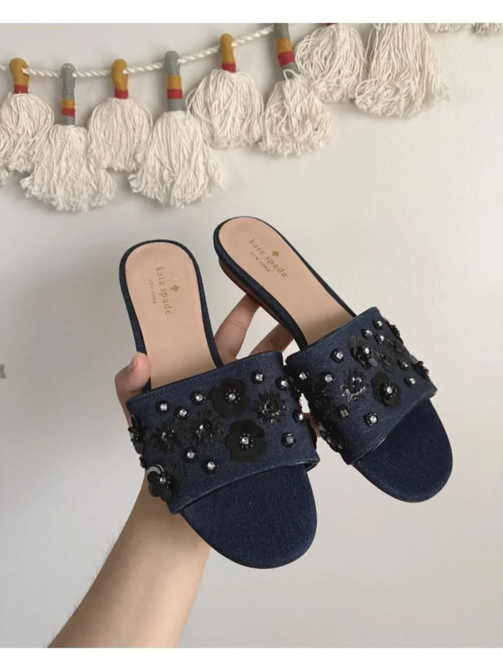 Kate Spade Alice Denim Sequin Flowers Slide Sandals Blue Glam Feminine Coquette